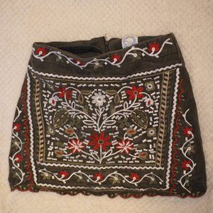 Green Denim Embroidered Miniskirt